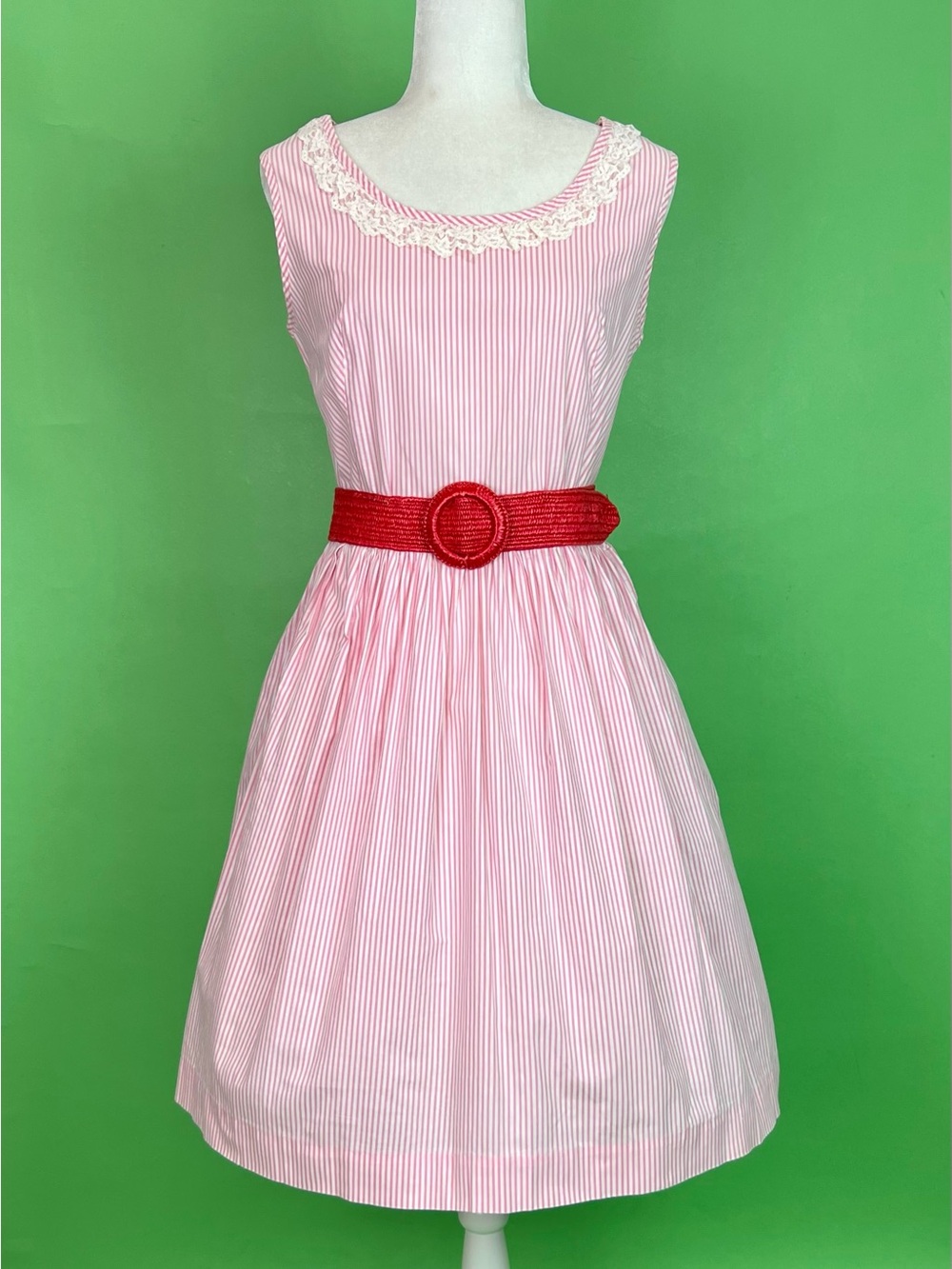 Vintage 50s 60s Pink and White Striped Day Dress - Size S/M